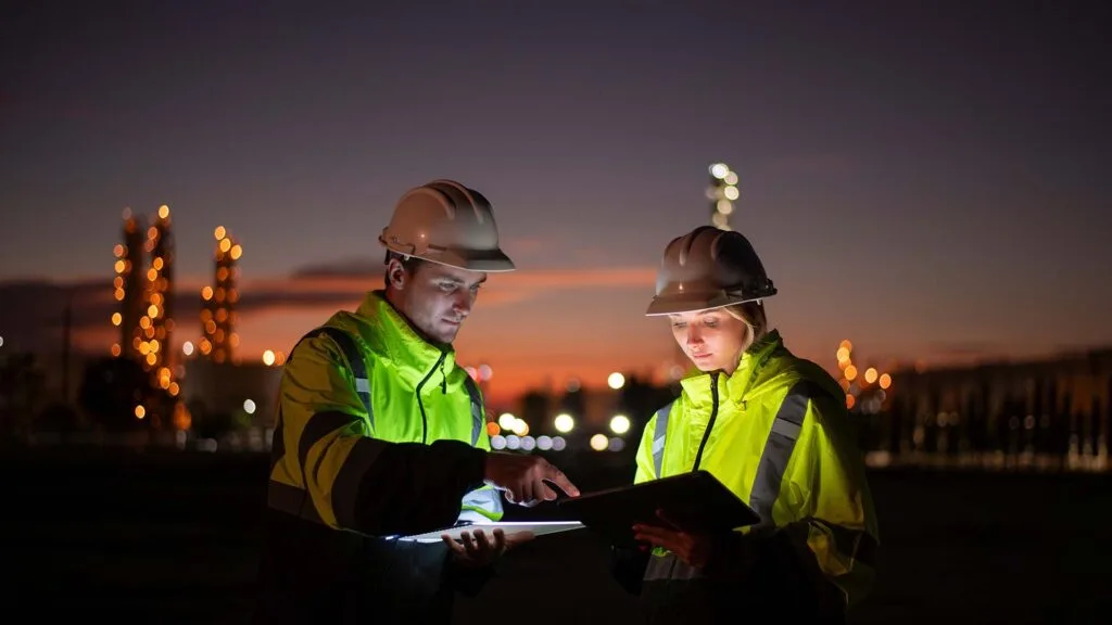 Two engineers wearing safety gear examining documents at dusk