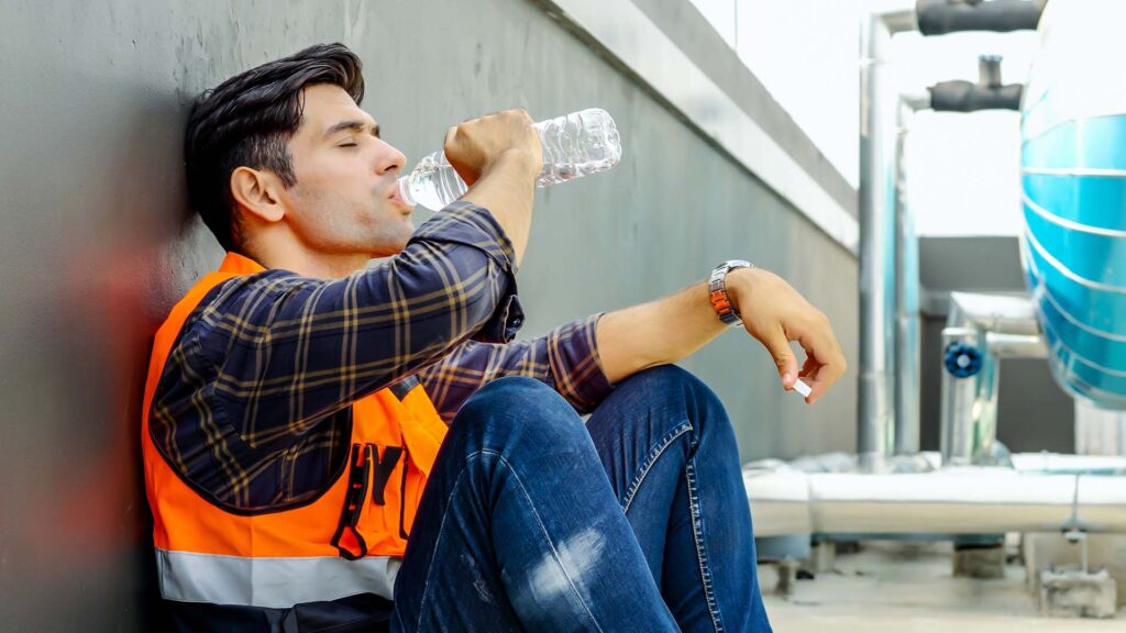 Portrait of a construction worker in uniform setting resting and taking a break while drinking water
