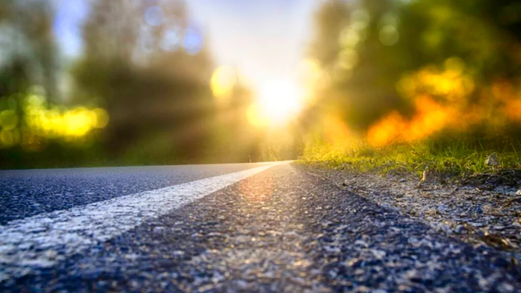 Ground level photo of street with sunbeam lens flare