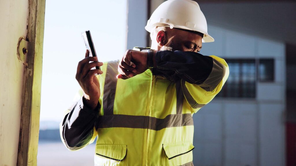 Construction worker coughing outdoors on the phone