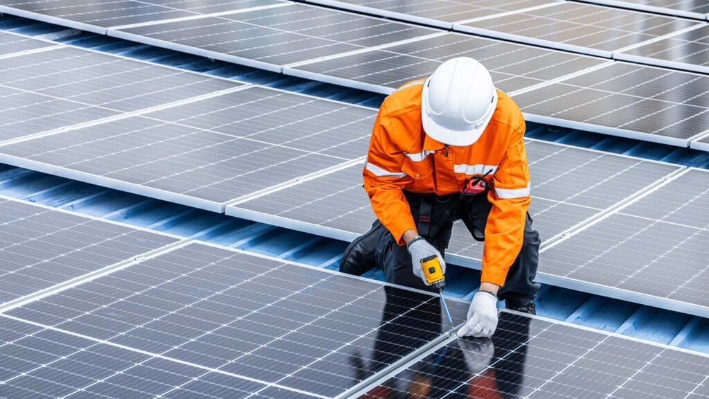 Professional Engineer Service Solar Panel. Worker Maintenance Cleaning Replacing Solar Panel.