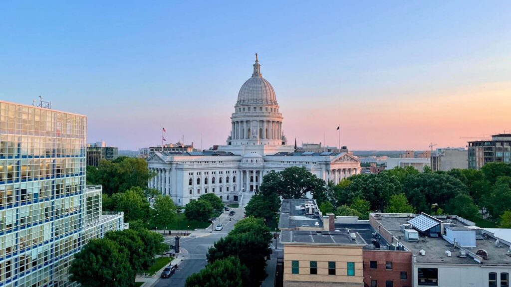 Aerial photo of Wisconsin State Capitol in Madison, at dusk